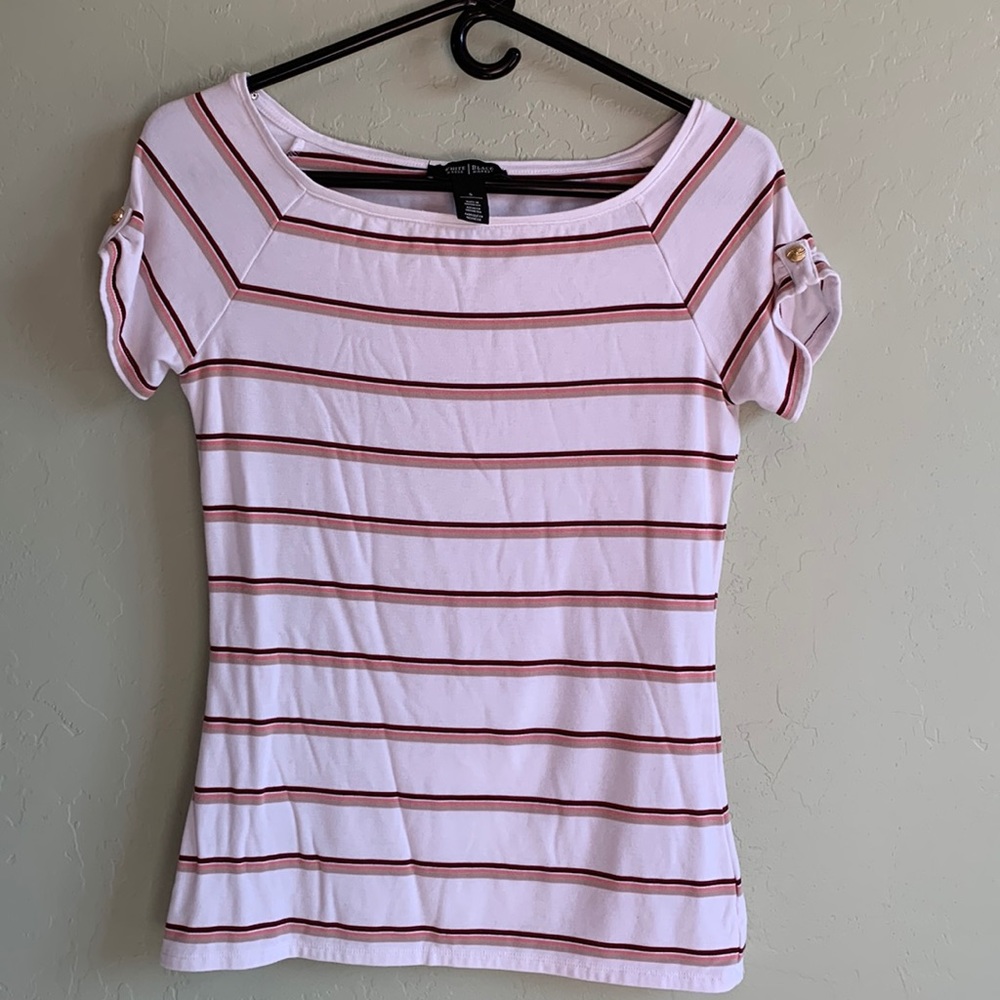 NWOT White House Black Mountain ballerina neck striped white tee shirt sz Small